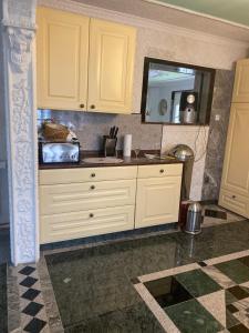 瓦尔斯罗德Villa in Walsrode的厨房配有白色橱柜和镜子