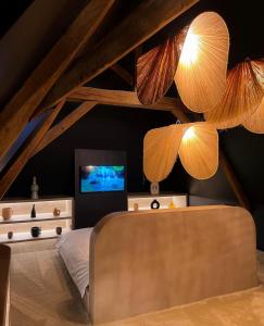 Suite la cabaña的一间卧室配有一张带电视和灯的床。