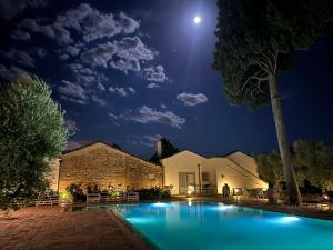 圣塞韦罗Masseria Celentano Relais & Agriturismo的夜晚的泳池与天空中的月亮
