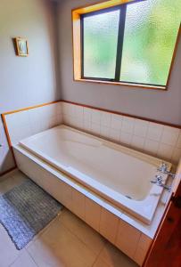罗托鲁瓦Tranquil Stream Villa的带浴缸的浴室和窗户