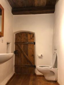 普拉托·阿罗·斯泰尔维奥Villa Mathilde - Tirolese的一间带卫生间和木门的浴室