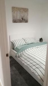 欣克利Lovely 1-Bedroom Flat in Hinckley, LE10的墙上画着一张白色的床