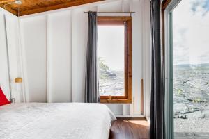 KehenaTHE OHANA HOUSE, Amazing Tiny Home on A Volcanic Lava Field!的一间卧室设有一张床和一个大窗户