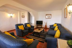 蒙萨拉什Dom Nuno - Turismo de Habitacao的客厅配有蓝色沙发和黄色枕头。