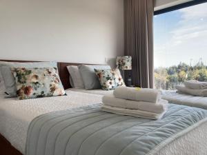 通德拉Quintinha Silvestre的一间卧室配有两张带枕头的床和窗户。