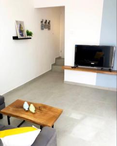 贝尔谢巴Pninat Hadrom的客厅配有咖啡桌和平面电视。