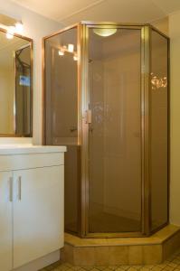 布里斯班兰开斯特科特汽车旅馆的浴室里设有玻璃门淋浴
