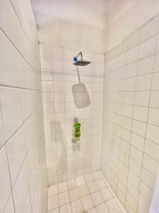 El ProgresoCasa Mahi的白色瓷砖浴室设有淋浴和绿瓶