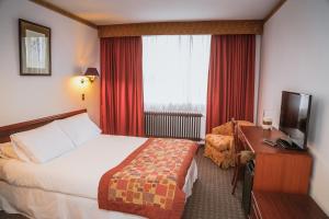 蓬塔阿雷纳斯HOTEL LOS NAVEGANTES的酒店客房配有一张床、一张书桌和一台电视。