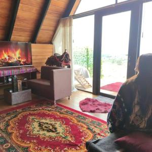 SaquisilíAlpina Glamping en Latacunga的坐在带壁炉的客厅椅子上的女人