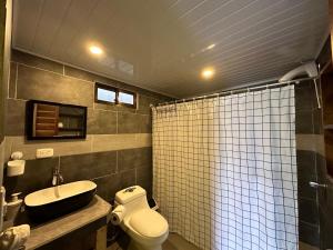 蒙泰韦尔德哥斯达黎加Lidia's Mountain View Vacation Homes的浴室配有卫生间、盥洗盆和淋浴。