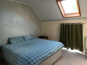 韦克斯福德Abiento的一间卧室配有一张带蓝色铺面毯子的床