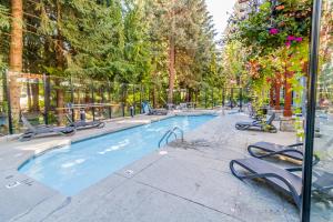 惠斯勒艾利威特度假集团阿尔派格洛夫公寓的一个带椅子和树木的大型游泳池