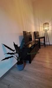 伊瑟隆Waldstadt-Apartments的客厅配有椅子、桌子和植物