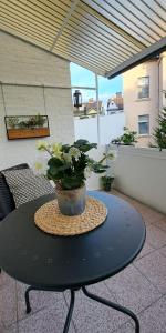 伊瑟隆Waldstadt-Apartments的阳台上的黑色桌子上放着盆栽植物