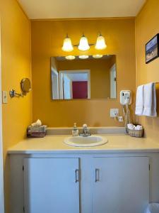夏洛特顿Fair Isle Motel的一间带水槽和镜子的浴室