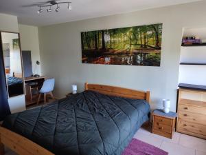 BeaumontLE CHAMPS DES LIEVRES的卧室配有一张床和一张书桌,墙上挂有绘画作品