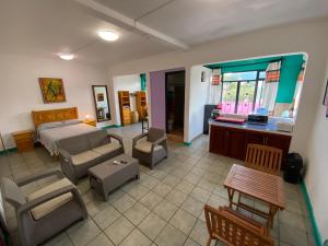 瓦哈卡市Hostal Mixteco Naba Nandoo的一间卧室设有一张床和一间客厅。