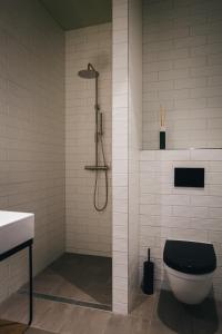 奥斯特贝克Dudok Studio's Arnhem-Oosterbeek的一间带黑色卫生间和淋浴的浴室