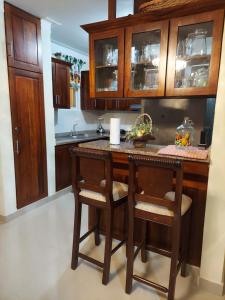 圣地亚哥洛斯卡巴Jardines de tu sueño.的厨房配有木制橱柜和带凳子的台面