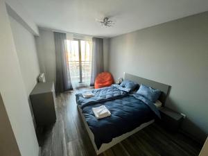 索非亚Habitat 29 Apartment的一间卧室配有一张带蓝色床单的床和一扇窗户。