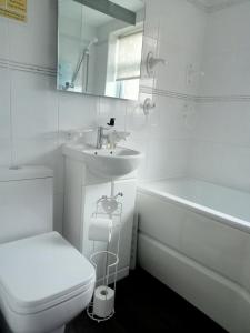 波士顿Kara Mia的白色的浴室设有水槽、卫生间和浴缸。
