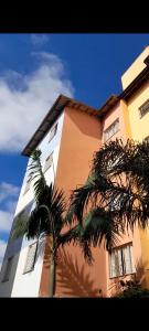 瓜鲁柳斯Meire Hostel的一座高大的建筑,前面有一棵棕榈树