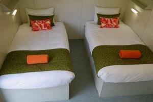 圣海伦斯St Helens Mountain Bike Base的小客房内的两张床,配有橙色枕头
