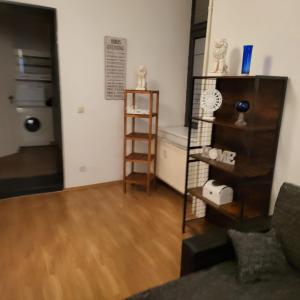 柏林Apartment Cozy B66 - Nähe Alexanderplatz的客厅铺有木地板,设有书架。