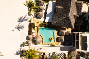 马特姆维Alladin Boutique Beach Hotel and SPA Zanzibar的享有带蓝色游泳池的别墅的顶部景致