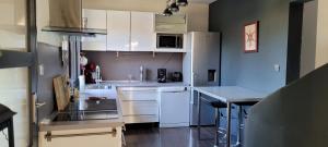 巴邦塔纳Les Cigales的厨房配有白色橱柜和白色冰箱。