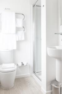 LowdhamThe Springfield Inn by Innkeeper's Collection的白色的浴室设有卫生间和淋浴。