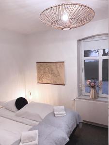 森讷堡Vibæk的一间卧室设有两张床、一个窗户和一个吊灯。