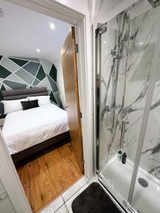 诺里奇2 Southwell Road - Luxurious City Centre Apartments的一间卧室设有淋浴、一张床和一个浴缸。