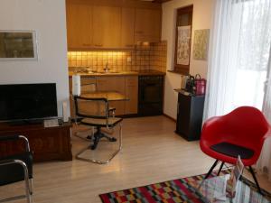 格林德尔瓦尔德格林德尔瓦尔德萨内布里克酒店的厨房配有红色椅子、桌子和电视