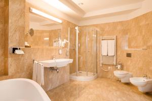 热舒夫阿蒙吧萨多斯基热舒夫酒店的一间带水槽、卫生间和淋浴的浴室