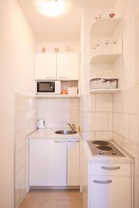 扎达尔Sea Organ Apartment 2 (Oldtown Studio)的白色的厨房配有水槽和微波炉