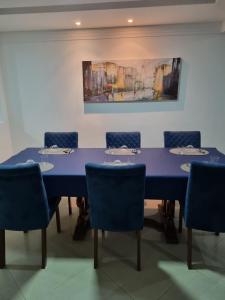 卡波布里奥Zênit Hostel da Cris的一间会议室,配有蓝色的桌子和椅子