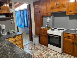 毕达哥利翁Aegean Blu Port House Pythagoreio的厨房配有木制橱柜和炉灶烤箱。