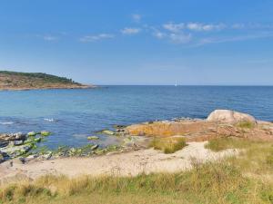 古兹耶姆Apartment Thyrne - 500m from the sea in Bornholm by Interhome的阳光明媚的日子里,海滩上拥有岩石和海洋