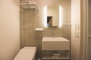 东京Hotel Tabiya ホテルたびや的一间带卫生间、水槽和镜子的浴室