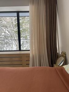 巴库里阿尼Apartment 216 with Terrace at Kokhta Ski, Bakuriani的一间卧室设有一张床和一个大窗户