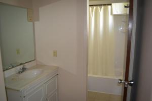 Walkerton灯塔汽车旅馆的白色的浴室设有水槽和淋浴。