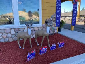 切斯特Antlers Motel的两座假鹿像在房子前