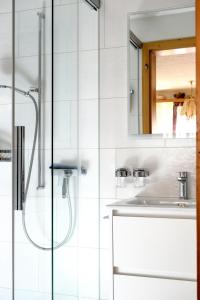 伦克Ferienwohnung Lenk的带淋浴和盥洗盆的白色浴室