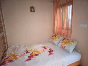 卡梅纳里阳光山度假屋的一张带两个枕头的床和窗户