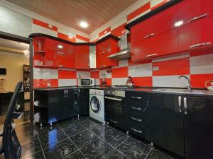 查克维Villa in Chakvi的红色和白色的厨房配有洗衣机