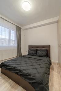 阿拉德Hera's Modern Home的一间卧室配有一张带黑色棉被的床和窗户。