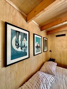 普孔Molco Cabins Palafito的卧室配有三幅墙上的照片和一张床