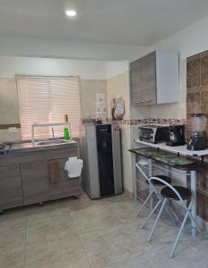 圣玛尔塔Villa Layla Santa Marta的厨房配有水槽、冰箱和桌子